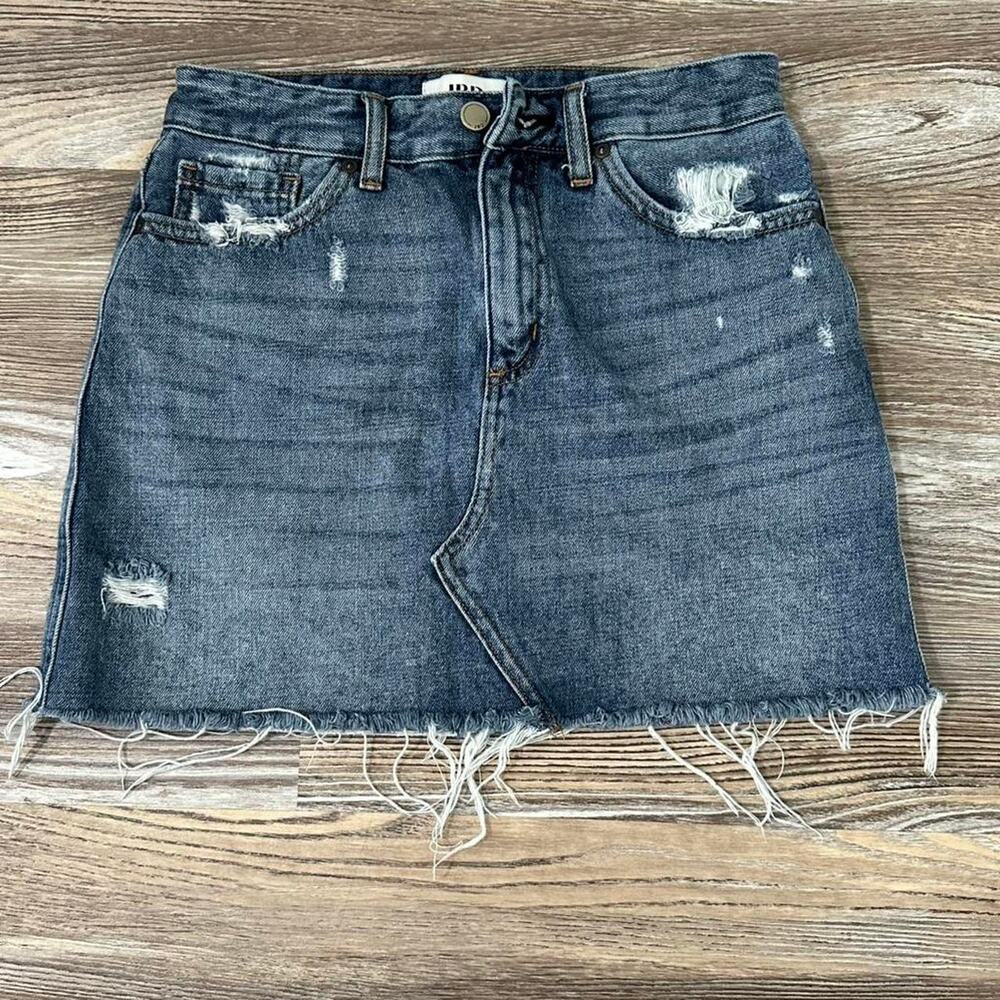 Distressed Denim Mini Skirt - Dark Blue